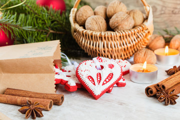 Homemade christmas gingerbread cookies and christmas decoration