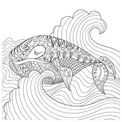 Obraz premium Hand drawn whale in the waves for antistress Coloring Page with