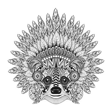 Hand Drawn Raccoon in Feathered War bonnet in zentangle style, h