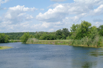 river, land with trees and cloudy sky