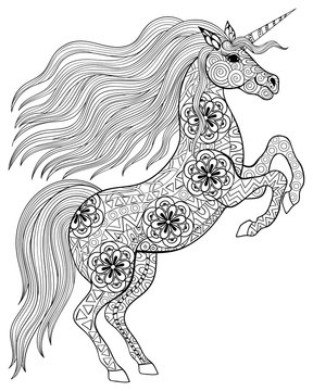 Hand drawn magic Unicorn for adult anti stress Coloring Page wit