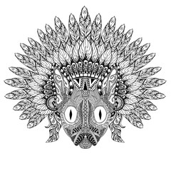 Hand Drawn Cat in Feathered War bonnet in zentangle style, high