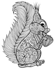 Hand drawn funny squirrel with nut  for adult anti stress Colori