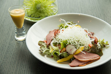 Salad with arugula and duck breast.