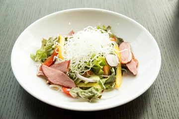 Salad with arugula and duck breast.