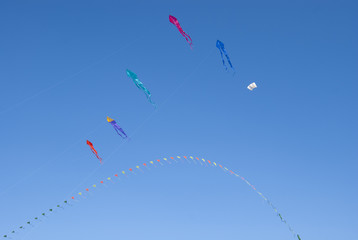 Drachen vor blauem Himmel, Drachenfest St. Peter- Ording, Schleswig-Holstein, Deutschland