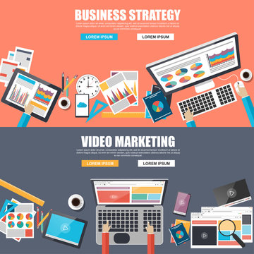 Flat design concepts for business strategy and video marketing