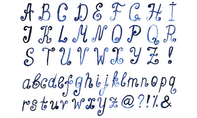 Blue watercolor alphabet. Hand drawn artistic font. Vector illus