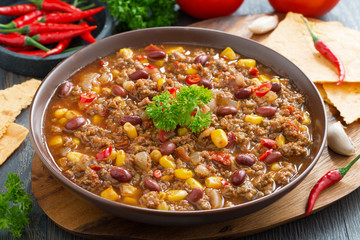 Mexican dish chili con carne in plate