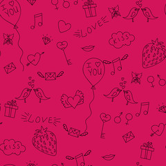 Love seamless pattern with birds and hearts