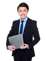 Businessman hold with laptop computer