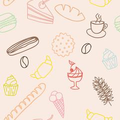 Seamless pattern with bread rolls cakes cookies frozen fancy bre