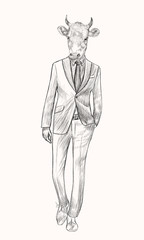 Sketch Cow in Hipster Suit. Businessman style. Hand drawn illust