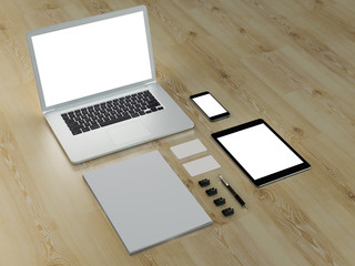Mockup business template. Set of elements on the wooden table.