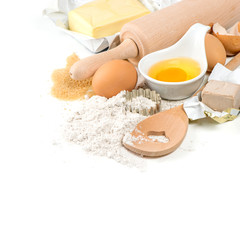 baking ingredients eggs, flour, yeast, sugar, butter. kitchen ut