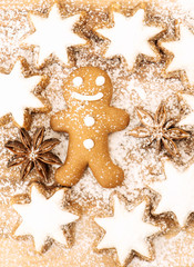 Christmas bakery. Gingerbread man cookie, cinnamon stars and sta
