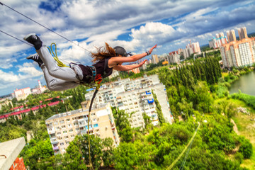ropejump from an unfinished high-rise building lakeside Karasun in the city of Krasnodar, a height...
