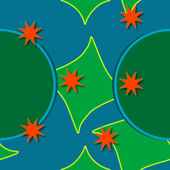 An illustration that is repeatable of green shapes with red stars on a blue background