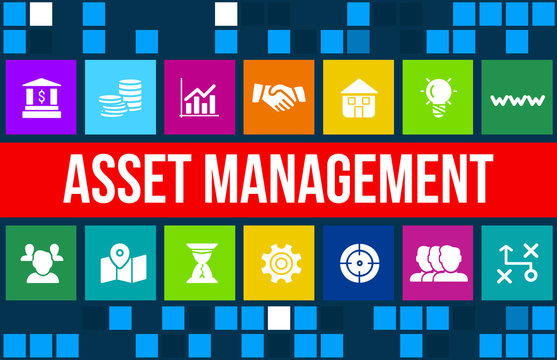 Asset management concept image with business icons and copyspace.