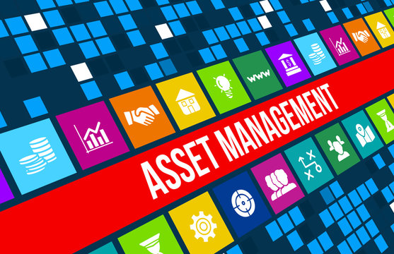 Asset management concept image with business icons and copyspace.