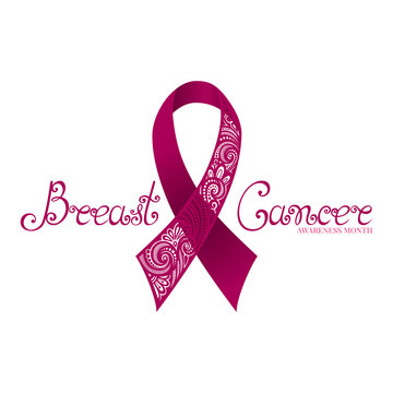 Vector Ornate Pink Ribbon of Breast Cancer on Black Background