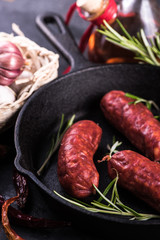 spanish chorizo on rustic pan