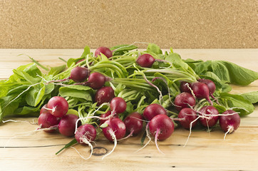 Fresh radishes on a wooden table