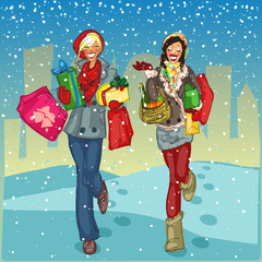 Women with shopping bags and present boxes walking 