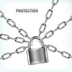 Padlock and chains isolated on white background