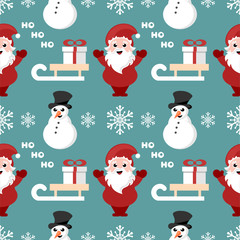 repeating pattern with santa claus, snowman and sledge