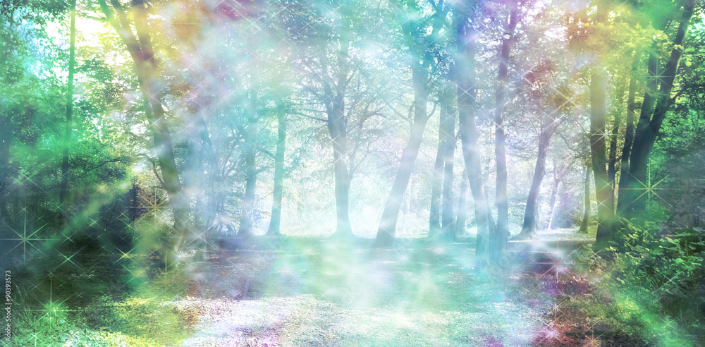 Wall mural magical spiritual woodland energy - rainbow colored woodland scene with streams of sparkling light