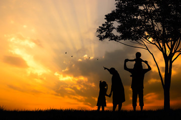  silhouette of a happy family of five people, mother, father, baby, child and infant(women prenancy)