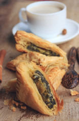 tasty puff spinach pie and soybean milk