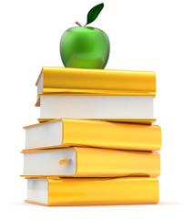Book golden yellow textbooks stack literature studying apple green education reading learning school library knowledge idea icon concept. 3d render isolated on white