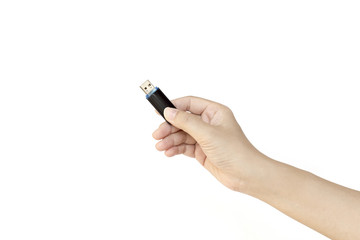hand holding black USB data storage