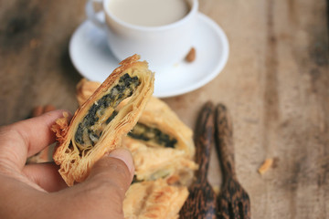 tasty puff spinach pie and soybean milk