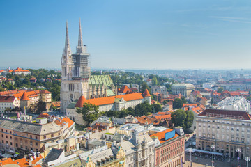 Fototapeta na wymiar Jelacic square and catholic cathedral in the center of Zagreb, Croatia, panoramic view