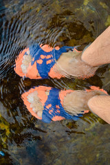 Two male's feet with orange and blue sandals in water