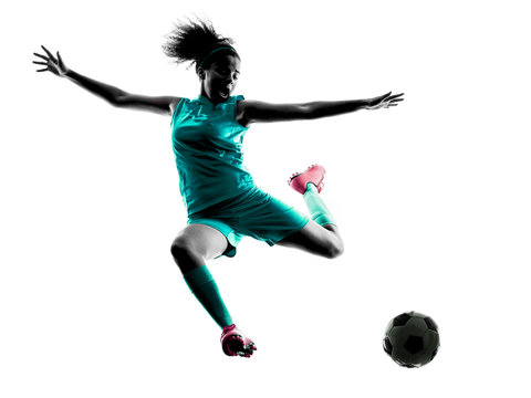Fototapeta teenager girl child  soccer player isolated silhouette