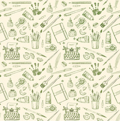 Seamless pattern with artist and writer tools. 