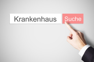 Finger drückt rote Taste Suchanfrage Krankenhaus Internetbrowse