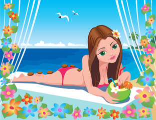 Vector illustration, Girl lying on the beach with a cocktail in