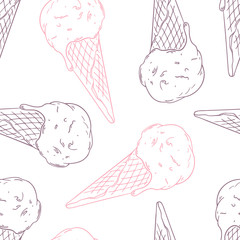 Doodle ice cream in a waffle cone. Outline seamless pattern - 90402792
