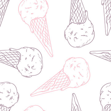 Doodle ice cream in a waffle cone. Outline seamless pattern
