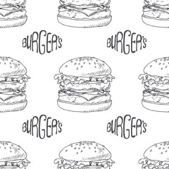 Seamless pattern with hand drawn burger, cheeseburger or - 90402994