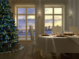 heiliger abend mit weihnachtsbaum und dekorativen tisch