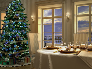 heiliger abend mit weihnachtsbaum und dekorativen tisch