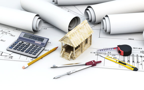 Engineering project architect with tools and wooden house