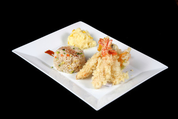menu of fried fish with rice and mashed potatoes