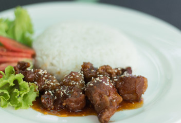 Rice with fried spareribs.